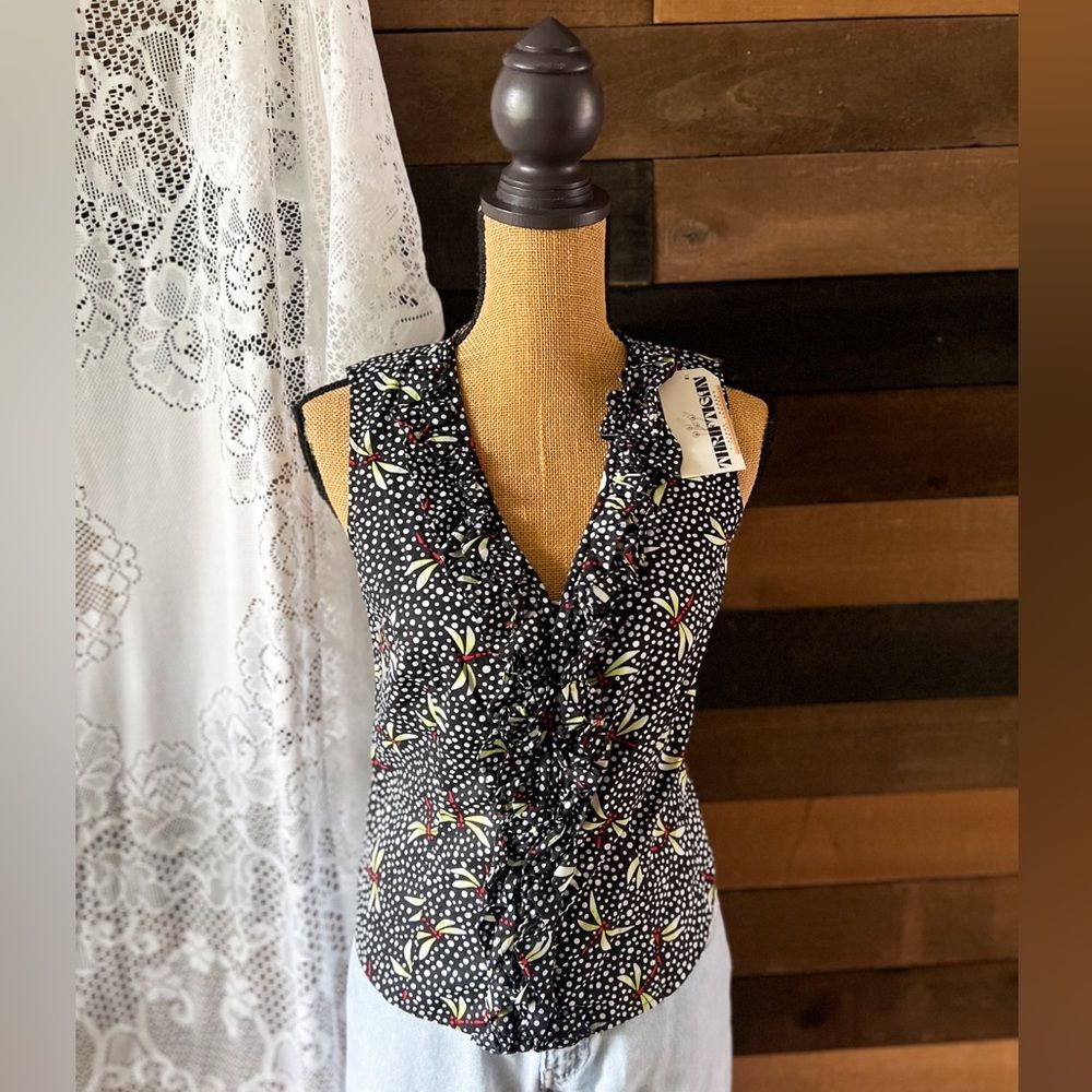 Vintage Etcetera 90s Black Dragon Fly Clasp Front Sleeveless Blouse